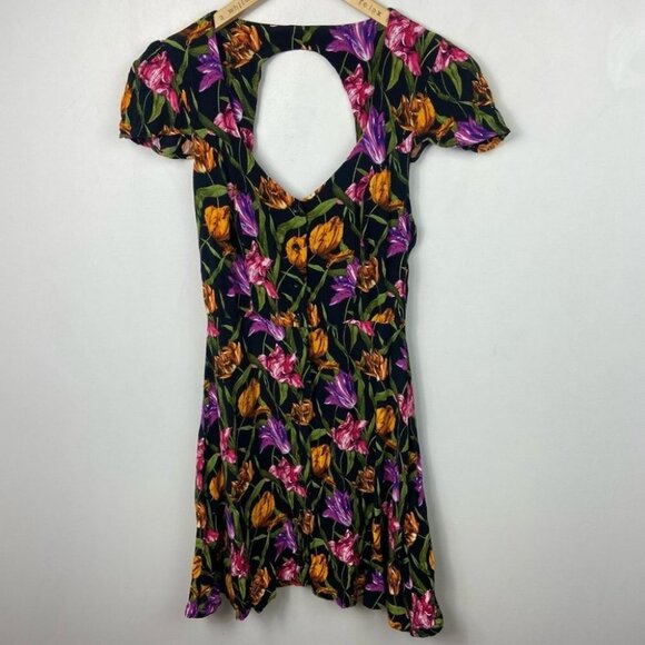 Topshop Tulip Print Tea Dress Open Back Mini Size 4 Floral Flutter Sleeve Boho - Picture 4 of 11
